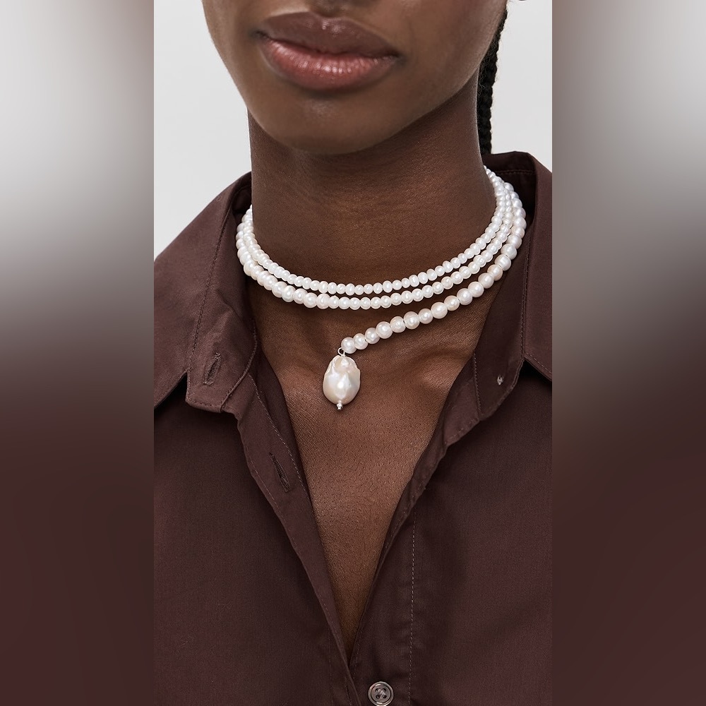 Eliou White Multi-Strand Pearl Wrap Necklace with Baroque Drop